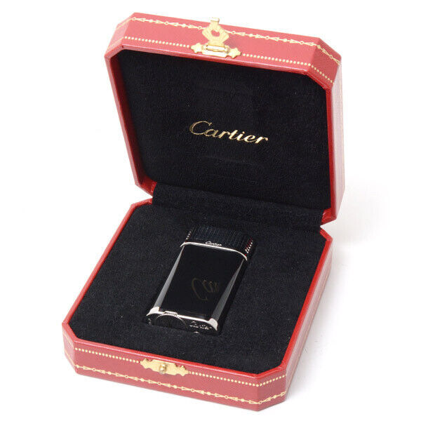 As is For Parts Cartier Godron Gas Lighter Black Lacquer Diamond Head Silver
