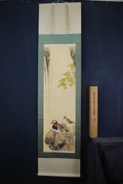 Kagehide Summer valley Mandarin duck in a waterfall Hanging scroll JAPAN