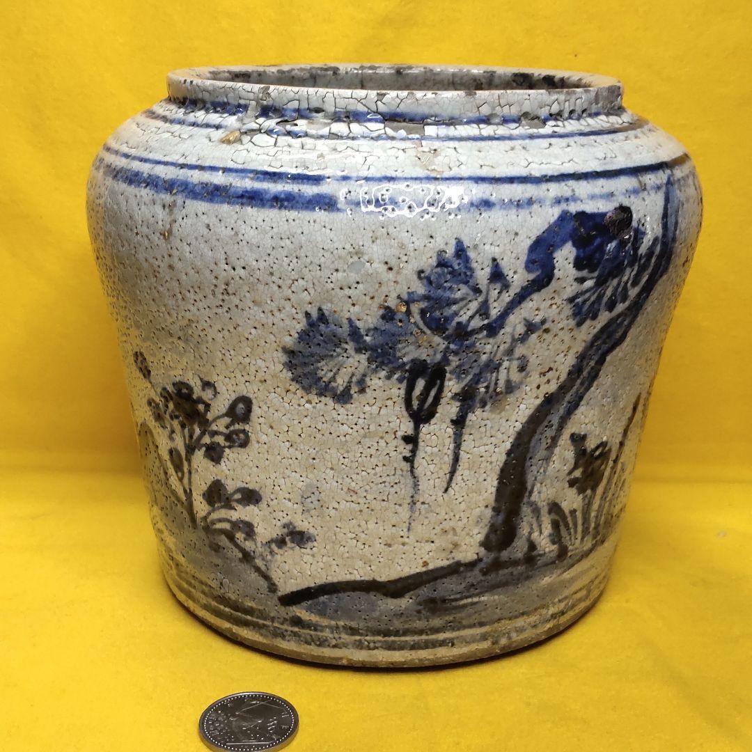 Chinese antique dyed jar Aoba Sansui with paulownia box