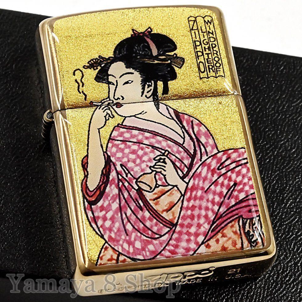 ZIPPO Lighter Genuine gold leaf Ukiyo-e Woman blowing smoke Gold tank