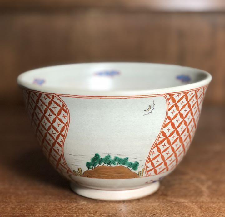 Banko ware, red-painted confectionery, moon and louge, landscape
