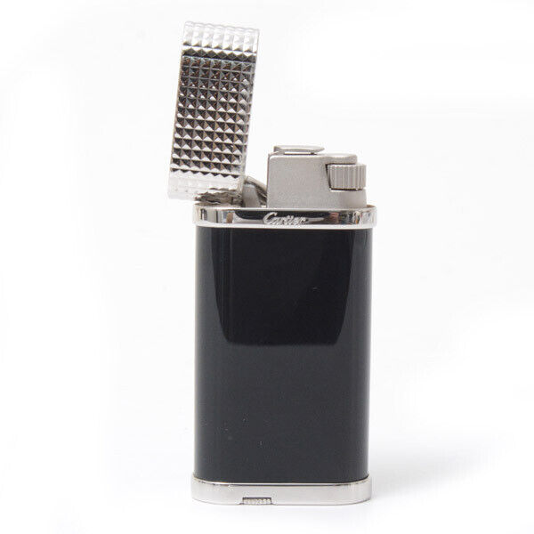 As is For Parts Cartier Godron Gas Lighter Black Lacquer Diamond Head Silver