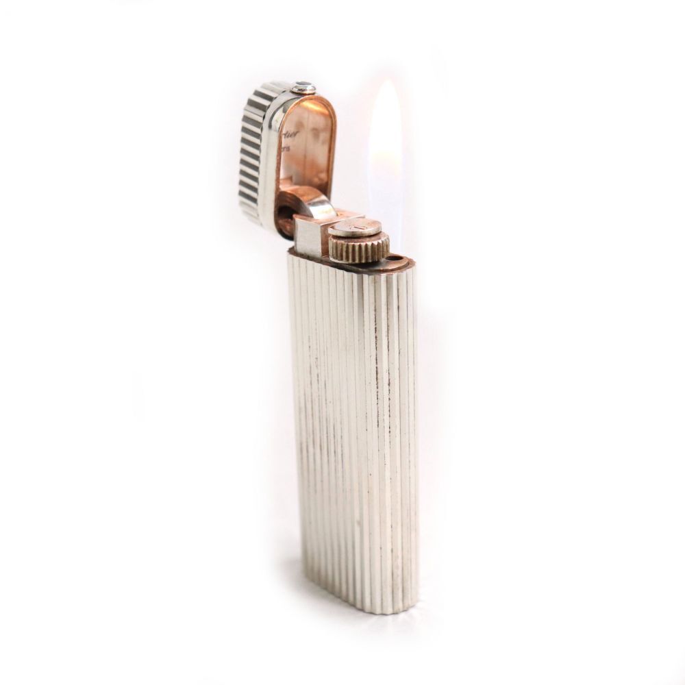 As is For Parts Cartier Stripe 1P Sapphire Oval Roller Type Gas Lighter Silver