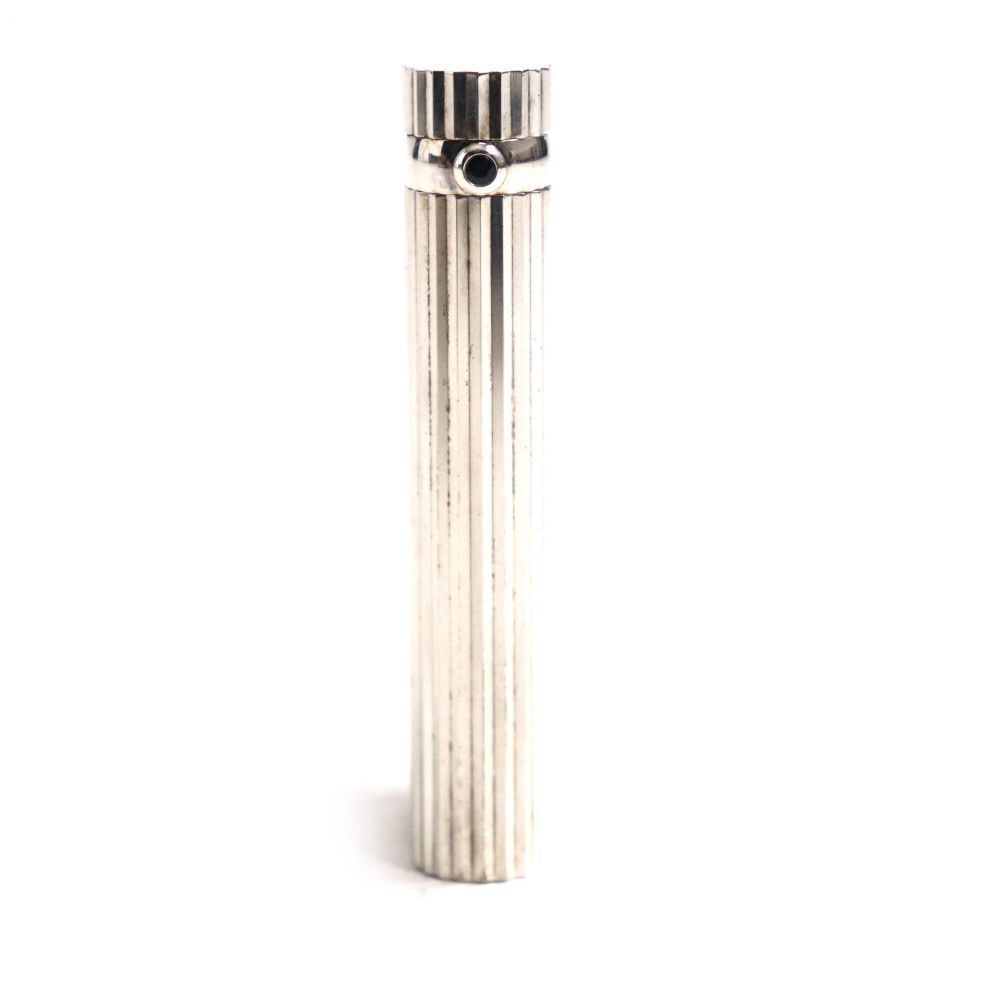As is For Parts Cartier Stripe 1P Sapphire Oval Roller Type Gas Lighter Silver