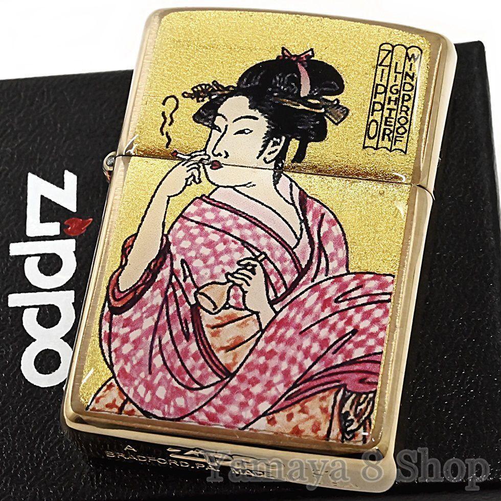 ZIPPO Lighter Genuine gold leaf Ukiyo-e Woman blowing smoke Gold tank