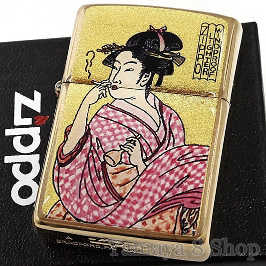 ZIPPO Lighter Genuine gold leaf Ukiyo-e Woman blowing smoke Gold tank