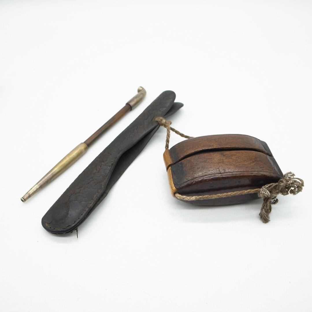 Tobacco pipe, leather pipe, natural wood antler, tobacco pouch