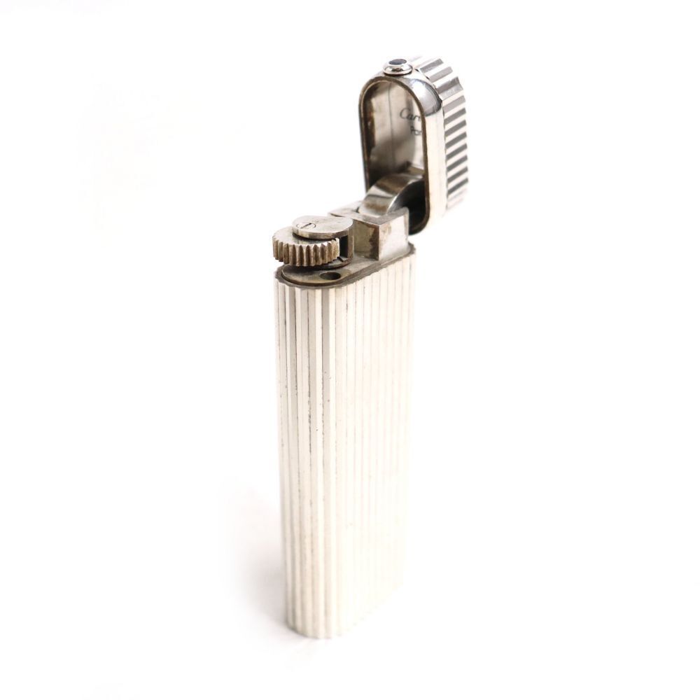 As is For Parts Cartier Stripe 1P Sapphire Oval Roller Type Gas Lighter Silver