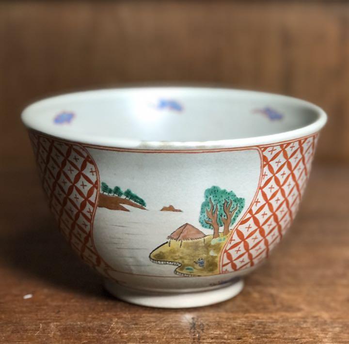 Banko ware, red-painted confectionery, moon and louge, landscape