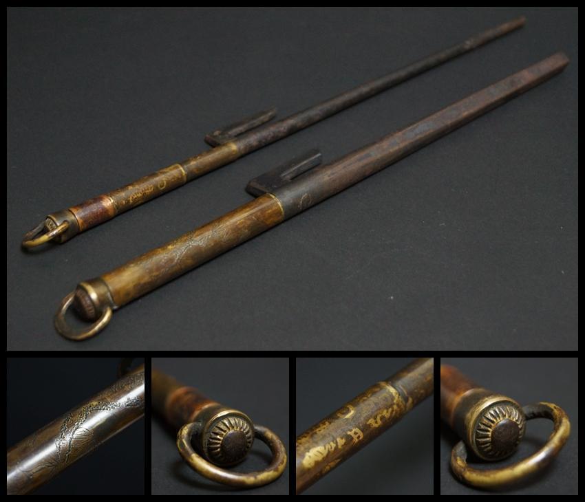 Edo Jitte iron pentagonal bar brass old pine pattern copper Karakusa