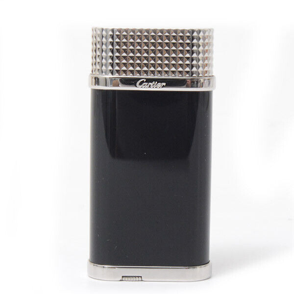As is For Parts Cartier Godron Gas Lighter Black Lacquer Diamond Head Silver