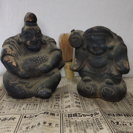 Antiques Daikoku-sama + Ebisu-sama Edo period pottery
