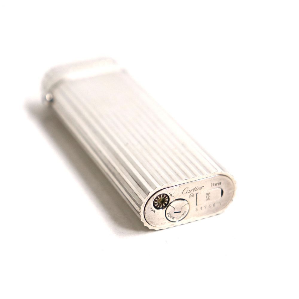 As is For Parts Cartier Stripe 1P Sapphire Oval Roller Type Gas Lighter Silver