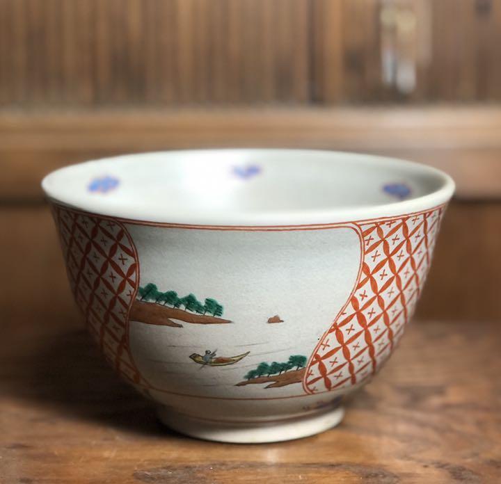 Banko ware, red-painted confectionery, moon and louge, landscape