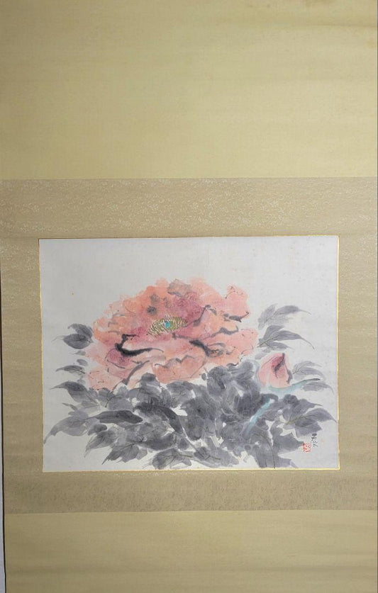 Hanging scroll Kobayashi Gonami Peony drawing Co-seal matching box JAPAN