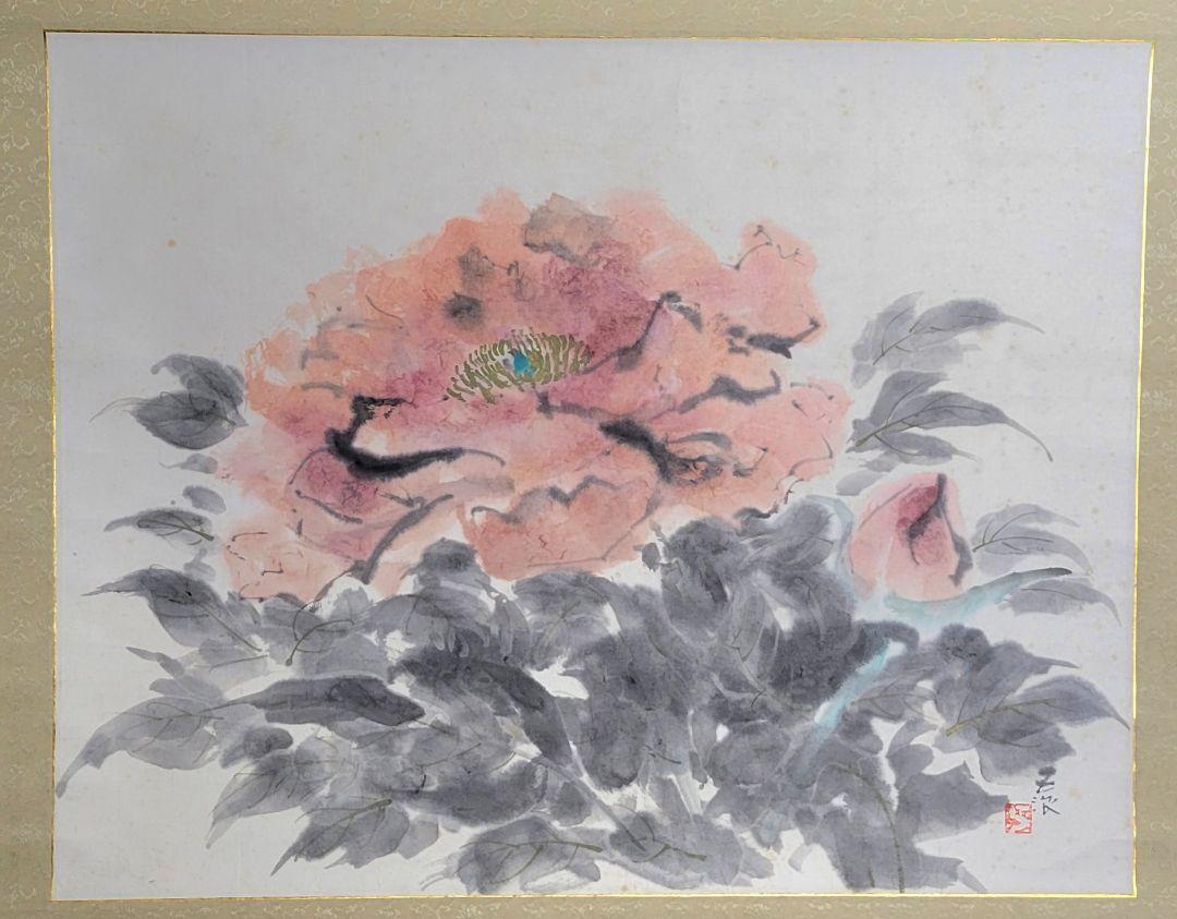 Hanging scroll Kobayashi Gonami Peony drawing Co-seal matching box JAPAN