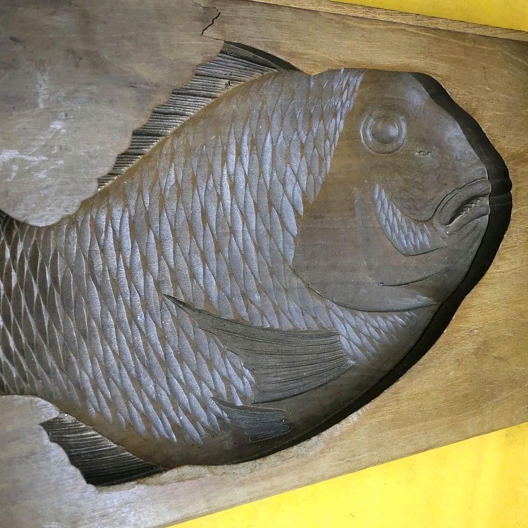 Japanese antique wood carving Sea bream mold 2 layers Handmade