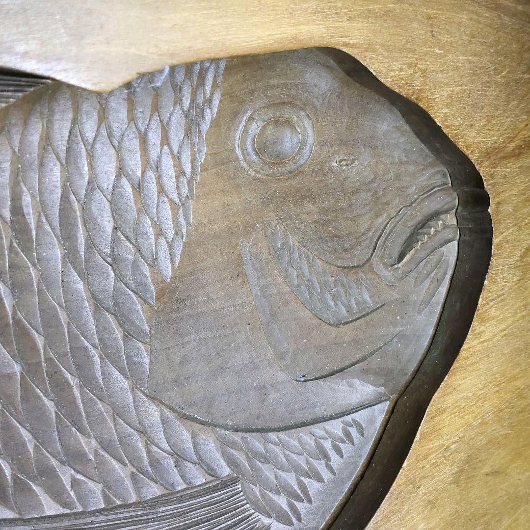 Japanese antique wood carving Sea bream mold 2 layers Handmade