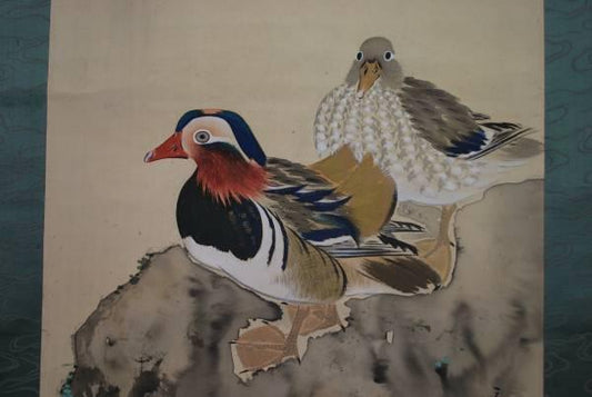 Kagehide Summer valley  Mandarin duck in a waterfall Hanging scroll  JAPAN